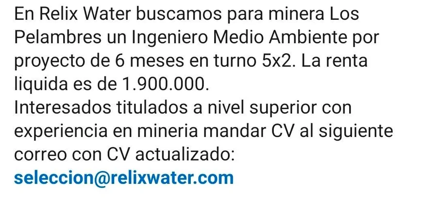 Ingeniero Medio Ambiente para minera Los Pelambres - imagen 1