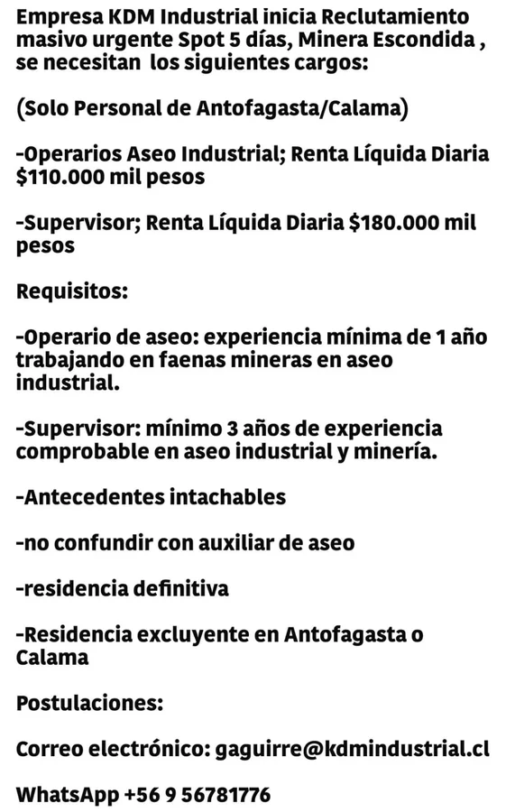 Operarios de Aseo Industrial y Supervisor - imagen 1