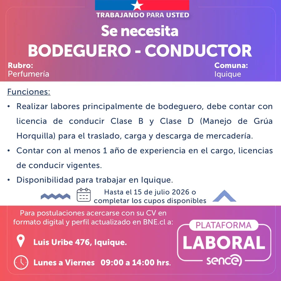 Se busca Bodeguero - Conductor en Iquique - imagen 1