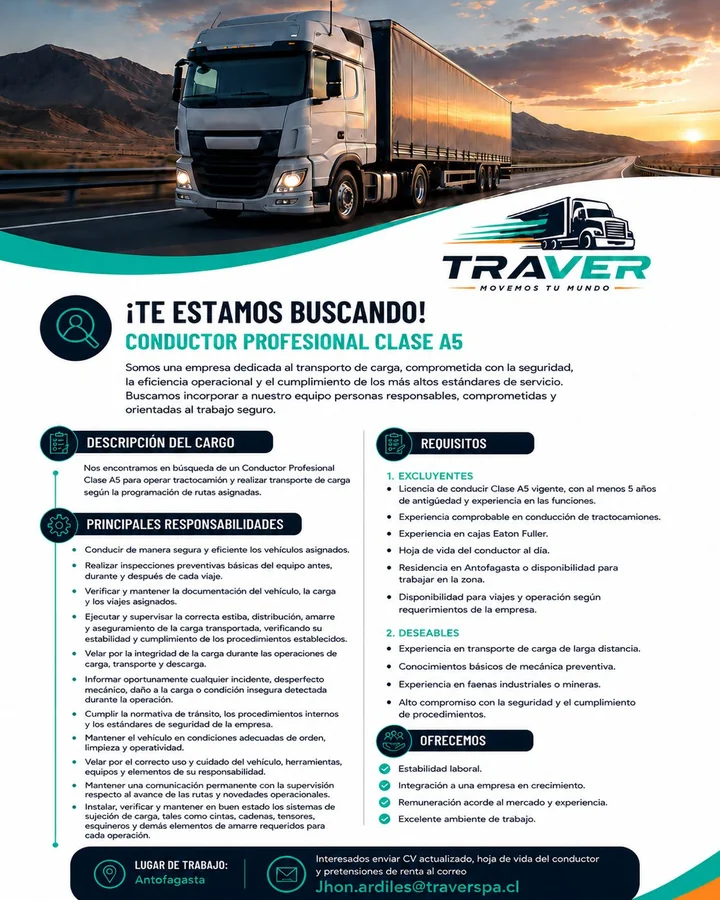 Conductor Profesional Clase A5 - Antofagasta - imagen 1