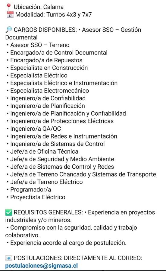 Cargos múltiples en faena minera Calama - imagen 1