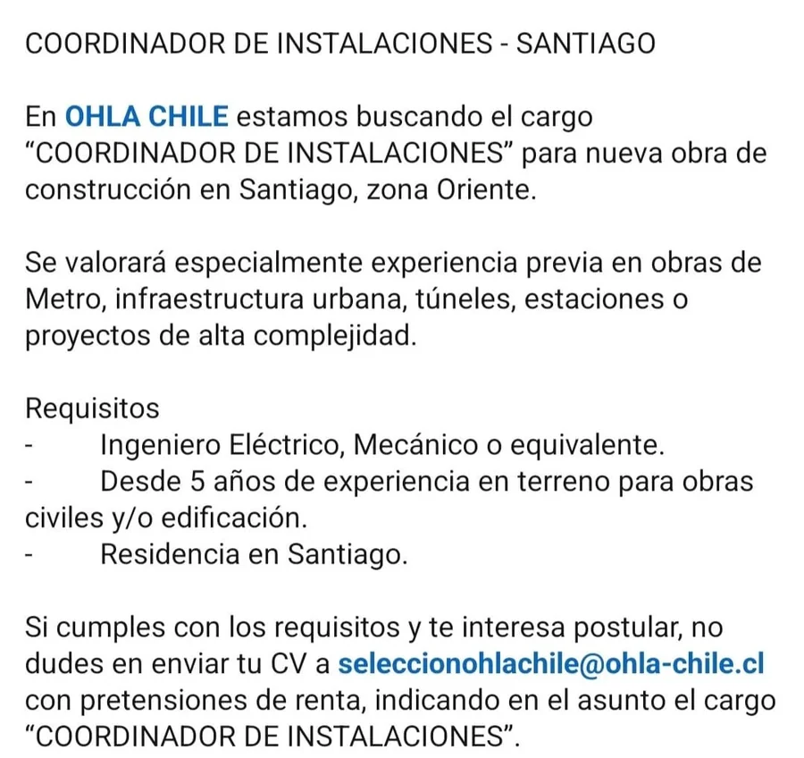 Coordinador de Instalaciones - Obra en Santiago - imagen 1