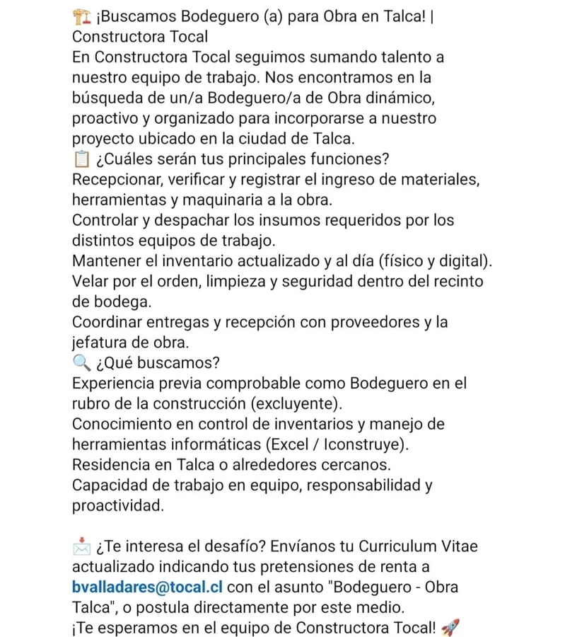 Bodeguero/a de Obra - imagen 1