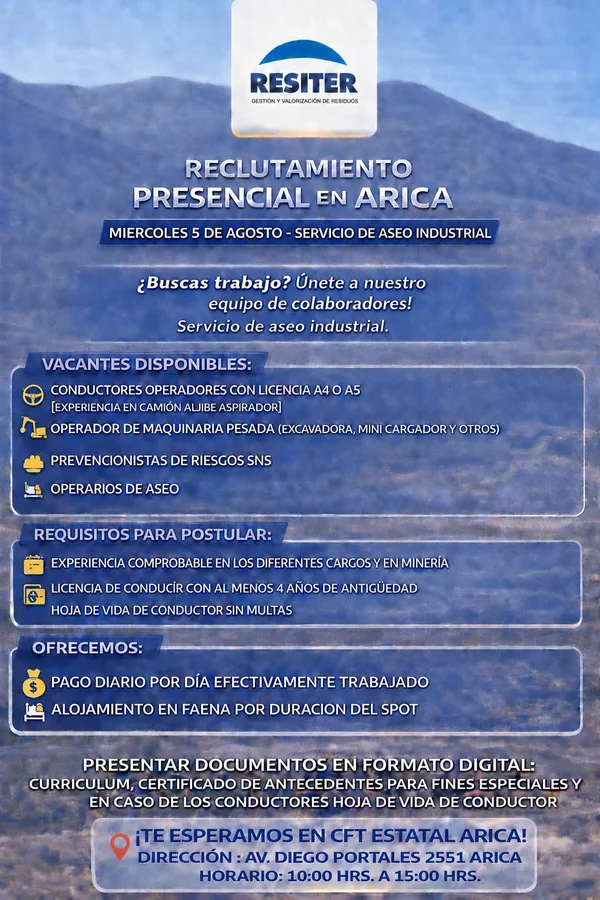 Vacantes para servicio de aseo industrial en Arica - imagen 1