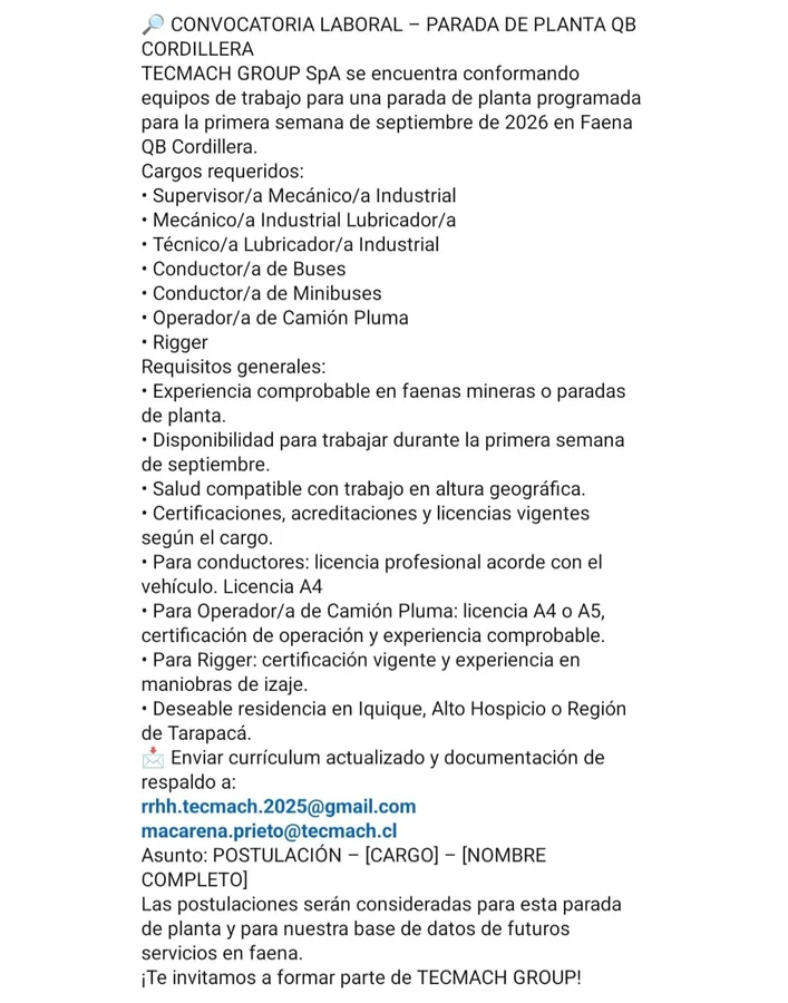 Convocatoria Parada de Planta QB Cordillera - imagen 1