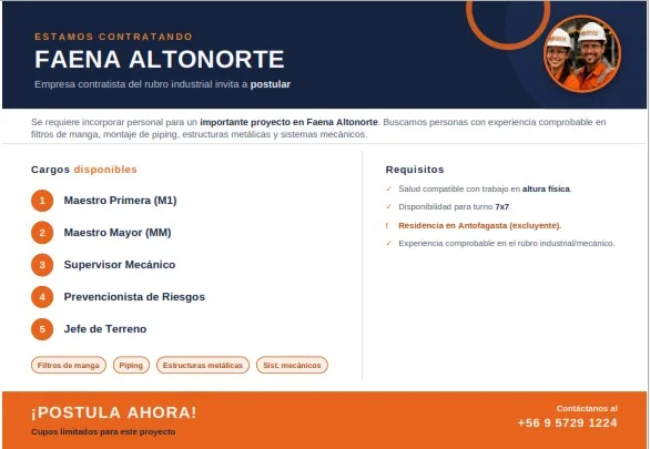 Personal para Proyecto Industrial en Faena Altonorte - imagen 1