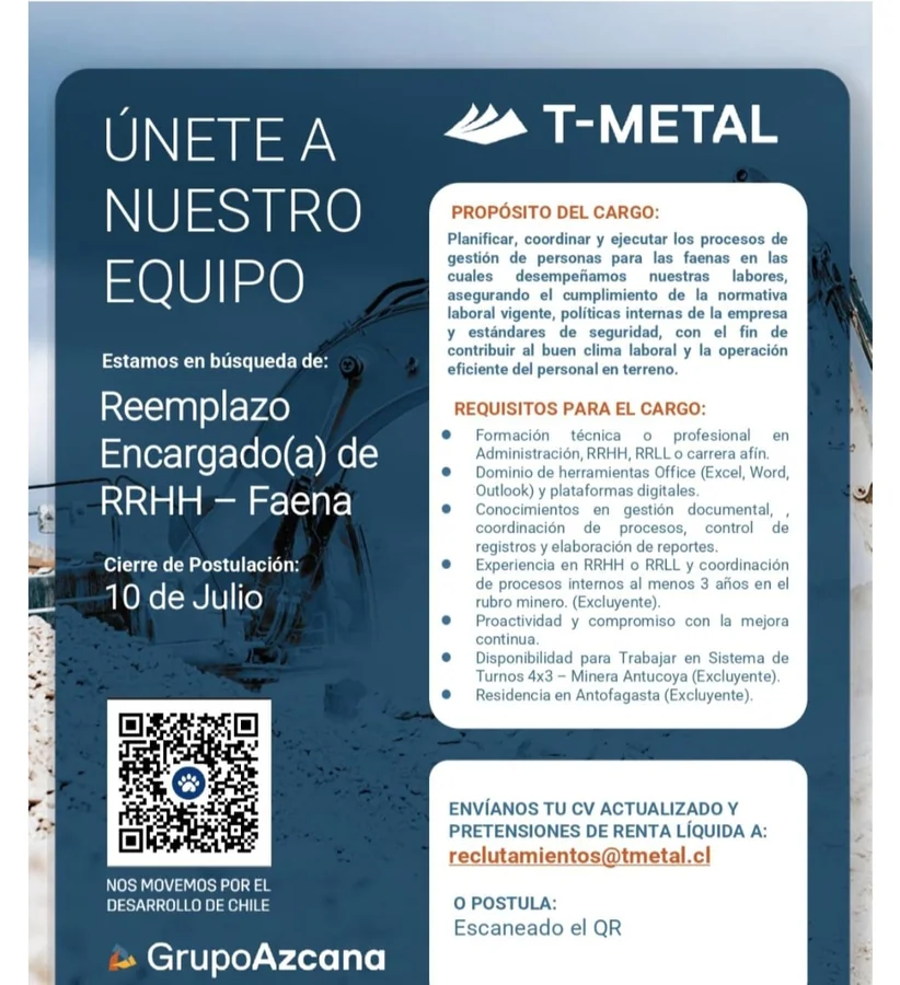Encargado/a RRHH Faena Minera Antucoya - imagen 1
