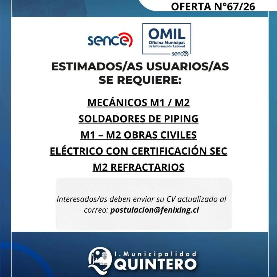 Oferta laboral: Mecánicos, Soldadores y Eléctrico en Quintero - imagen 1