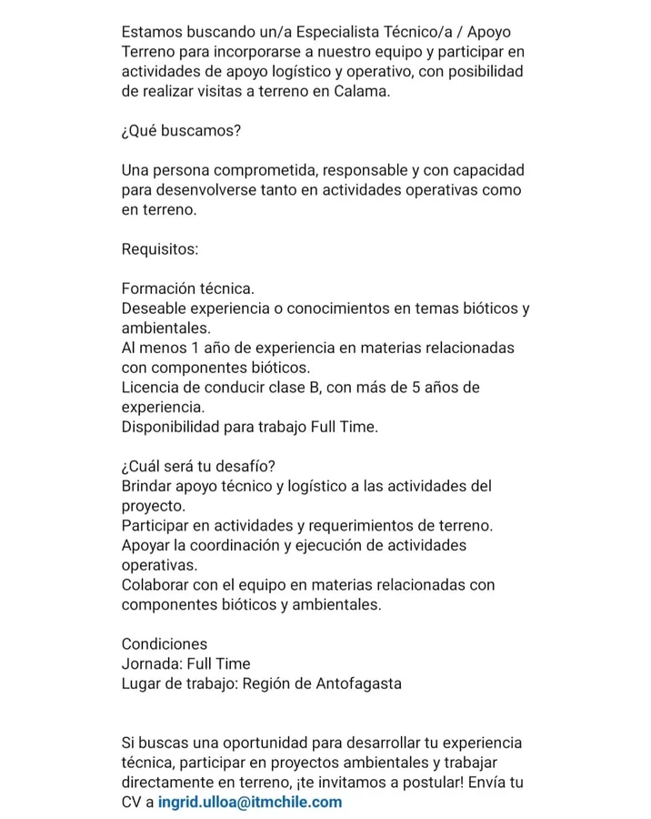 Especialista Técnico / Apoyo Terreno - imagen 1
