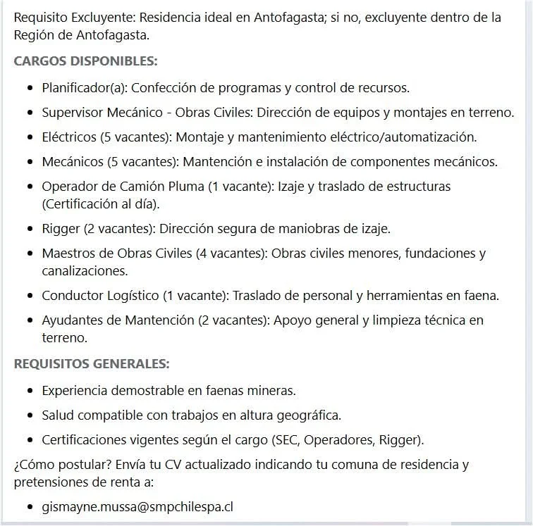 Varios Cargos para Faena Minera - imagen 1