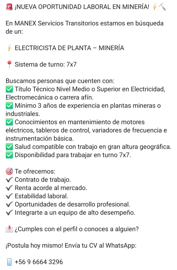 Electricista de Planta - Minería - imagen 1