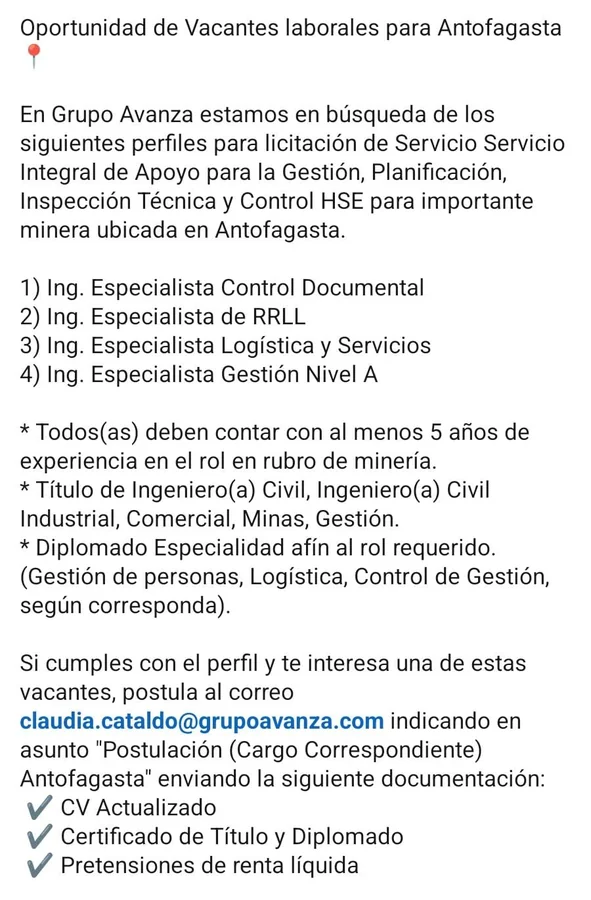 Ingenieros Especialistas para Faena Minera - imagen 1
