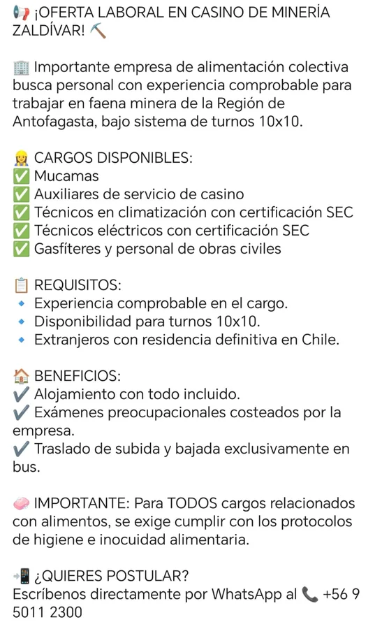 Personal para Casino y Servicios - Minera Zaldívar - imagen 1