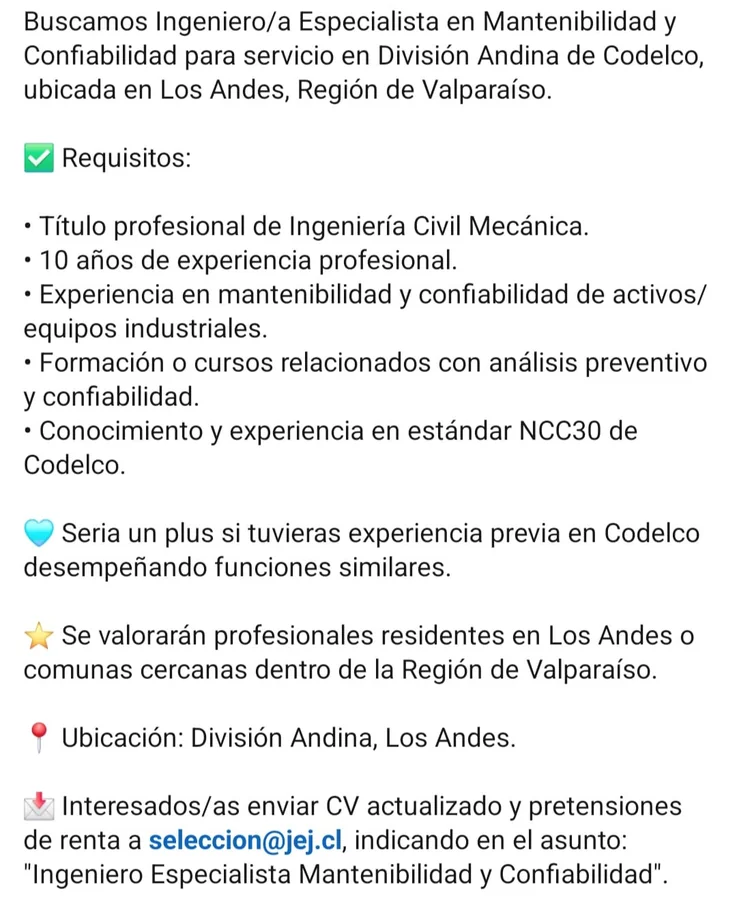 Ingeniero Especialista en Mantenibilidad y Confiabilidad - imagen 1