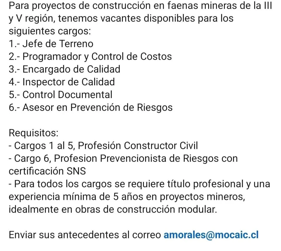 Profesionales para Construcción en Faenas Mineras - imagen 1