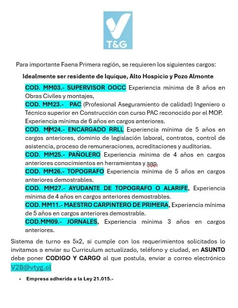 Varios cargos para faena en la Primera Región - imagen 1