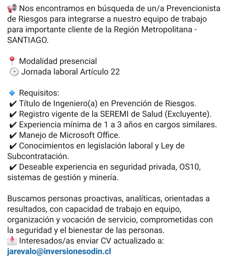 Prevencionista de Riesgos para Santiago - imagen 1