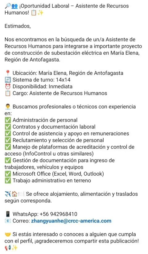 Asistente de Recursos Humanos para obra en María Elena - imagen 1
