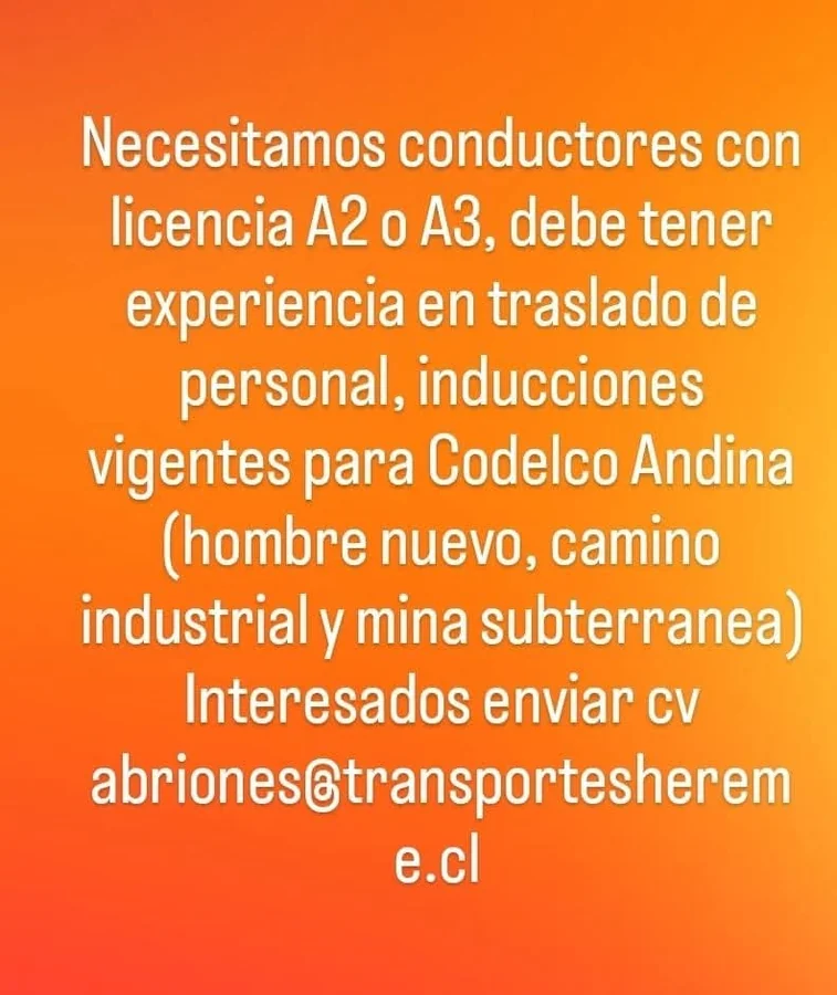 Conductores Licencia A2 o A3 - Codelco Andina - imagen 1