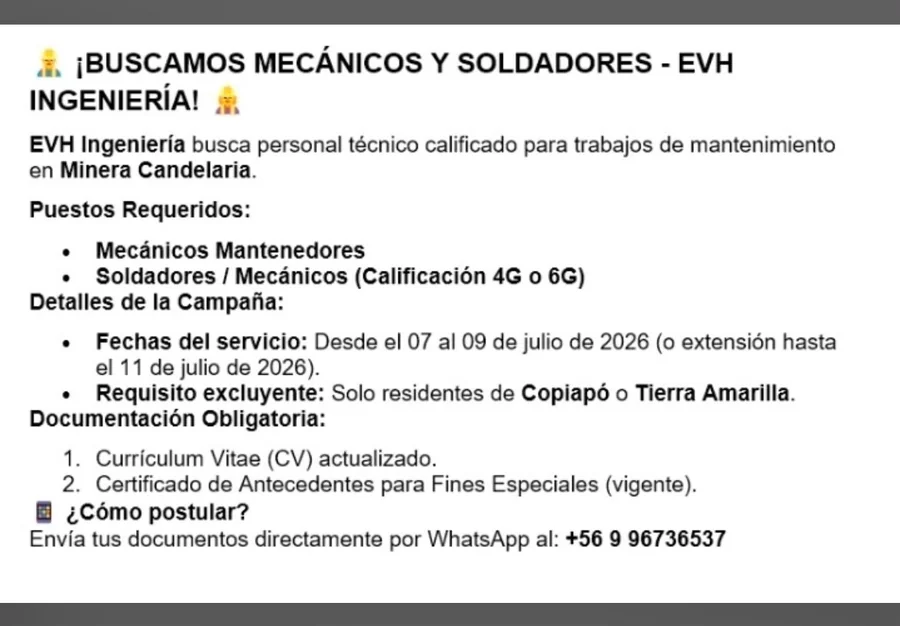 Mecánicos y Soldadores para Minera Candelaria - imagen 1