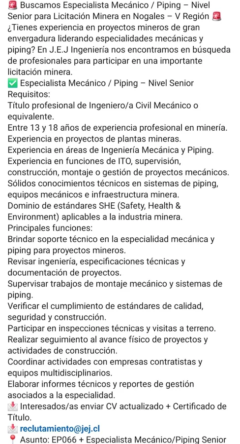 Especialista Mecánico/Piping Senior Minería Nogales - imagen 1