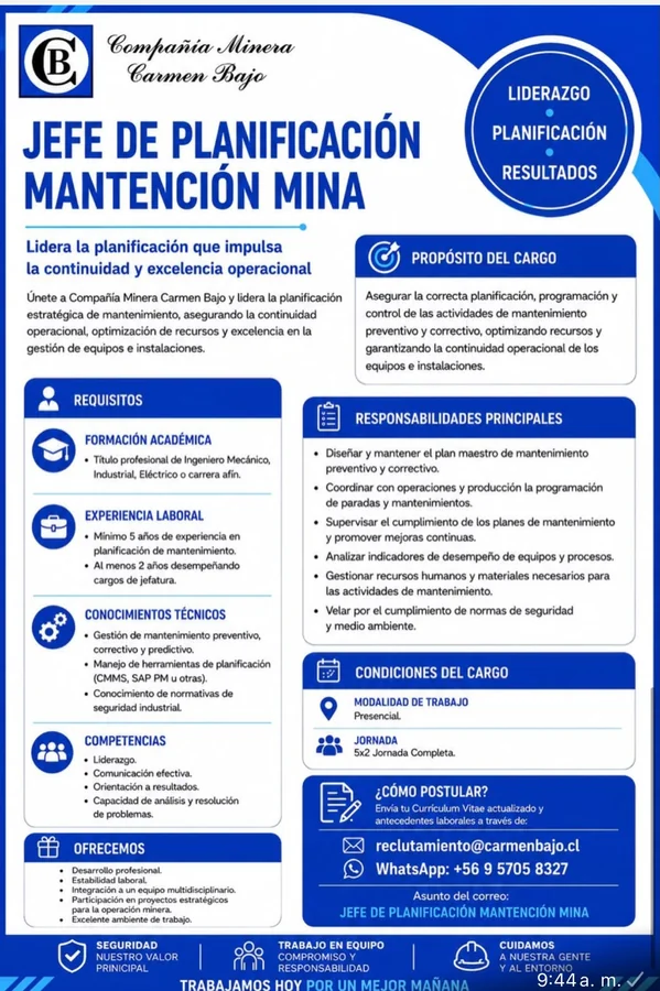 Jefe de Planificación de Mantenimiento Mina - imagen 1
