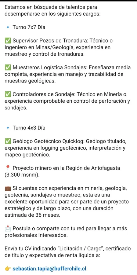 Cargos para Proyecto Minero en Antofagasta - imagen 1