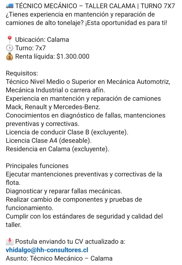 Técnico Mecánico - Taller Calama - imagen 1