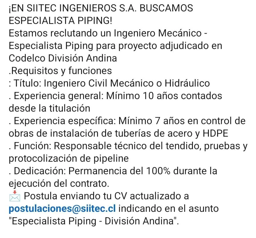 Especialista Piping - División Andina - imagen 1