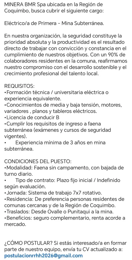 Eléctrico/a de Primera - Mina Subterránea - imagen 1
