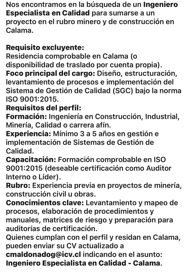Ingeniero Especialista en Calidad - imagen 1