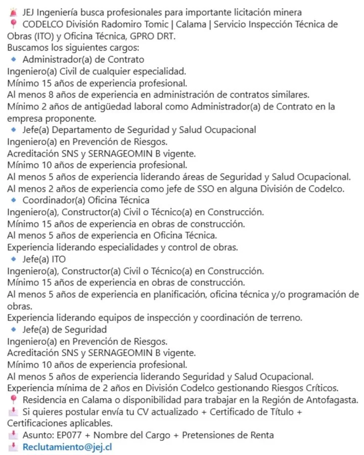 Profesionales para Licitación Minera en Calama - imagen 1