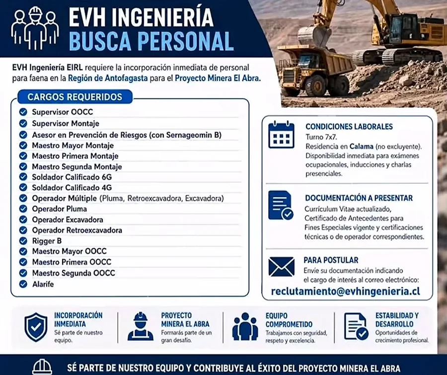 Personal para Proyecto Minera El Abra - imagen 1