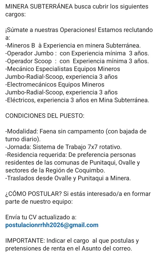 Cargos en Minería Subterránea - imagen 1