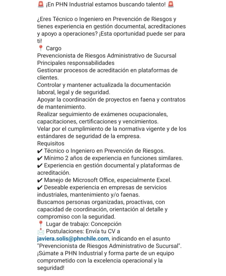 Prevencionista de Riesgos Administrativo de Sucursal - imagen 1