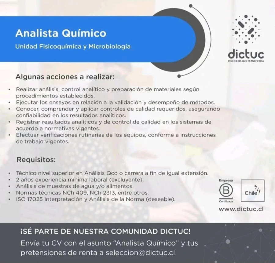 Analista Químico en Unidad Fisicoquímica y Microbiología - imagen 1