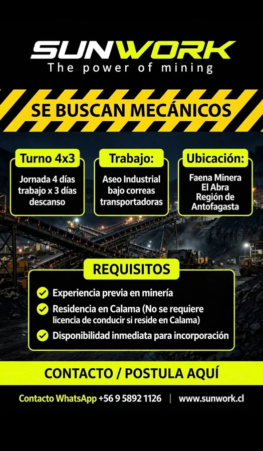 Mecánicos para Aseo Industrial en Faena Minera - imagen 1