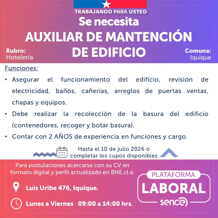 Auxiliar de Mantención de Edificio en Iquique - imagen 1