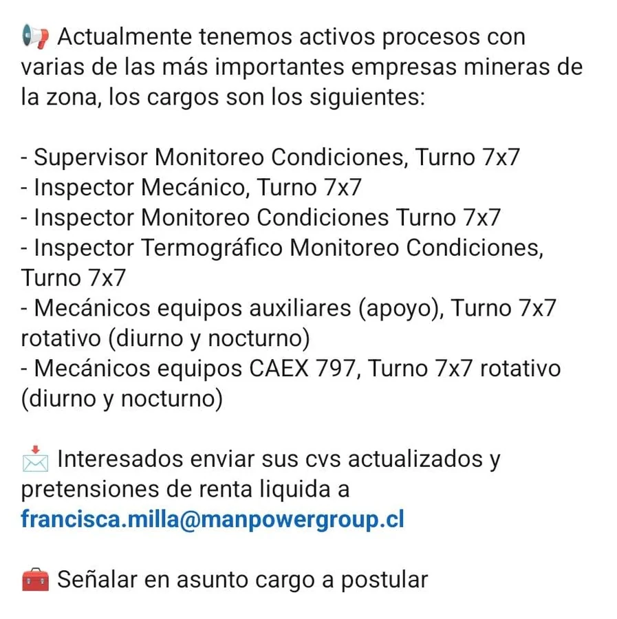 Cargos de mantenimiento y supervisión en minería - imagen 1