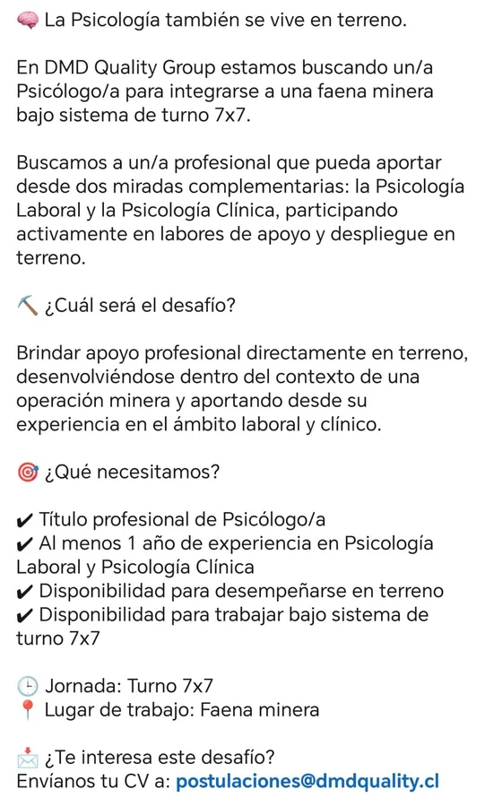 Psicólogo/a Faena Minera Turno 7x7 - imagen 1