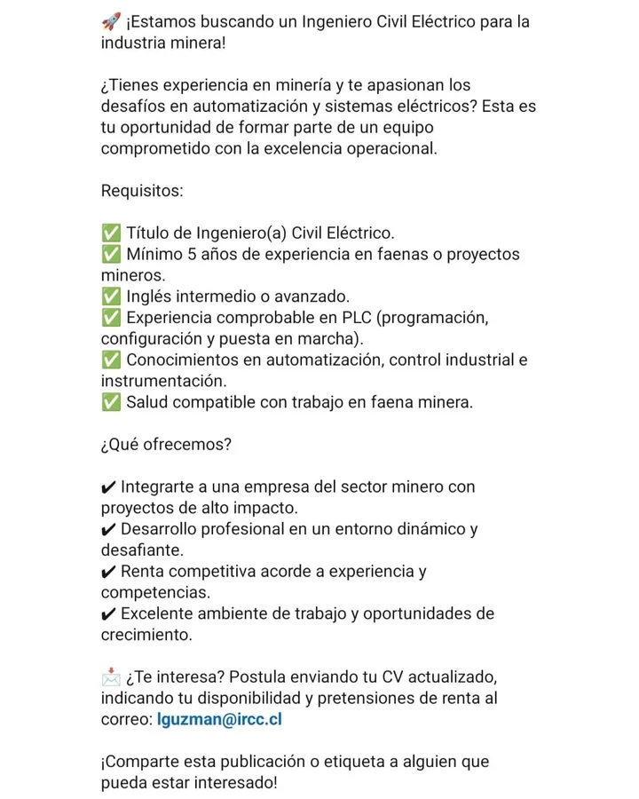 Ingeniero Civil Eléctrico para Minería - imagen 1