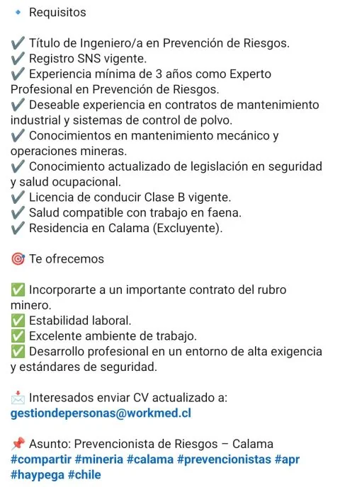 Ingeniero/a en Prevención de Riesgos Calama - imagen 1