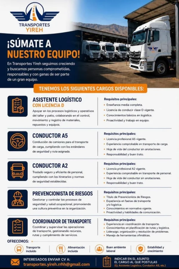 Oportunidades Laborales en Transportes Yireh - imagen 1