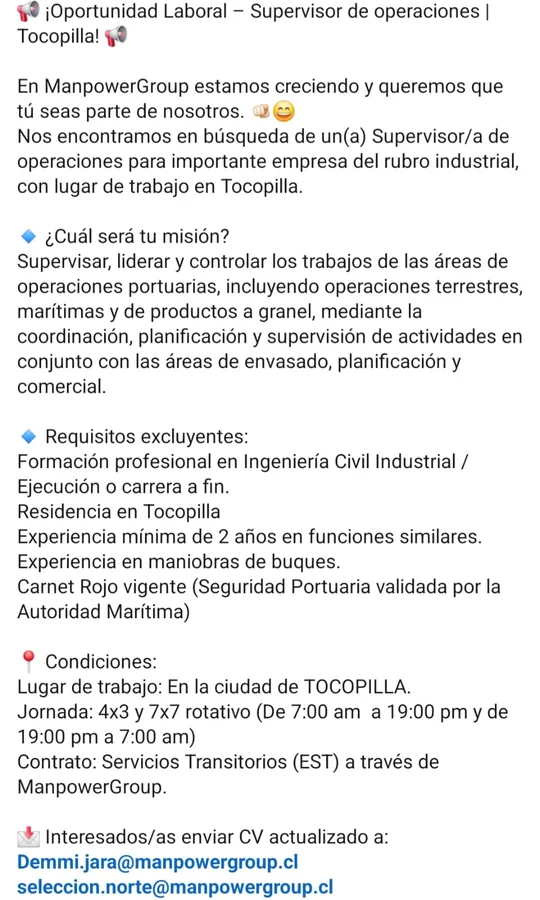 Supervisor de Operaciones Tocopilla - imagen 1