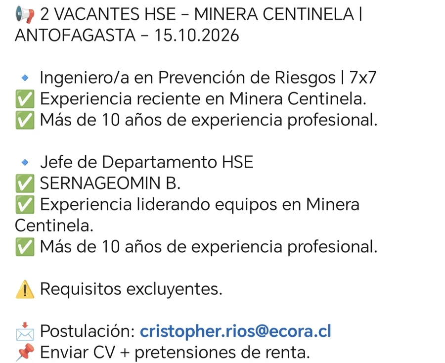 Vacantes HSE en Minera Centinela - imagen 1