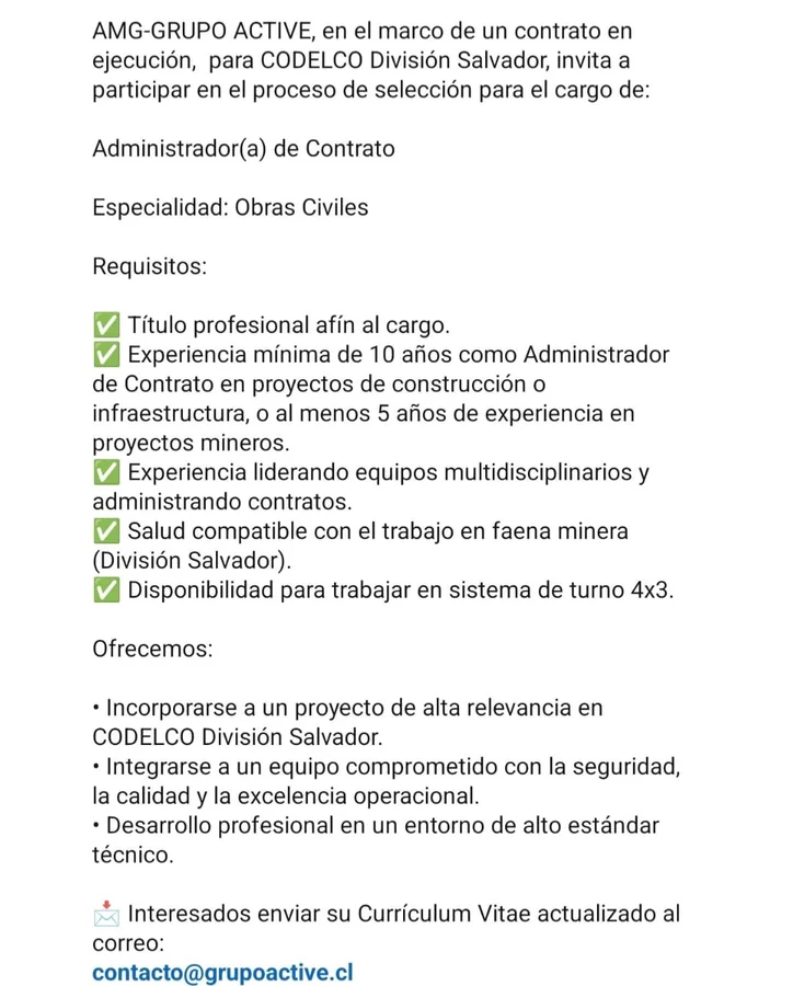 Administrador de Contrato en Obras Civiles para Codelco - imagen 1