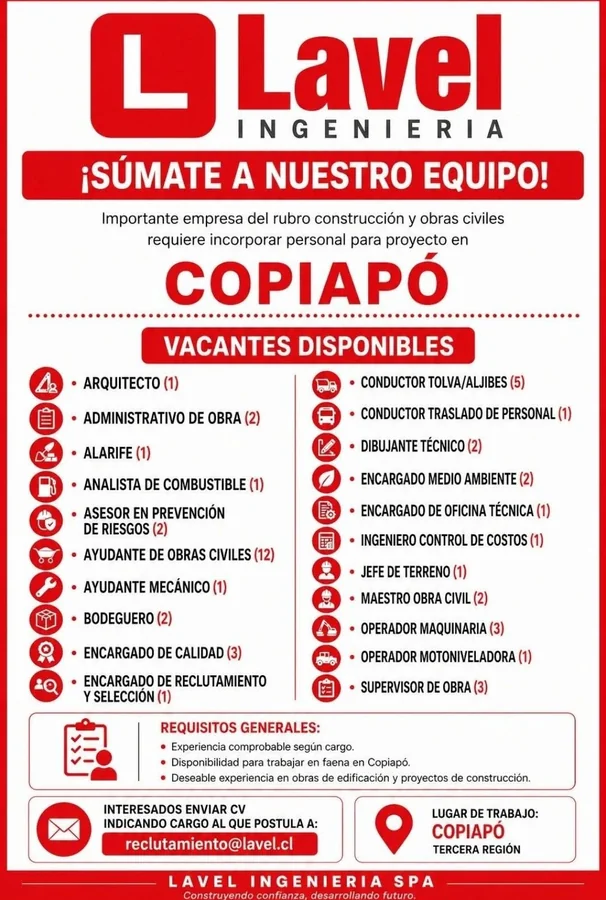 Vacantes en Copiapó – Lavel Ingeniería - imagen 1