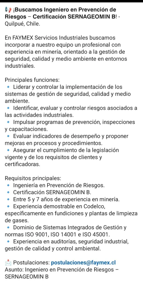 Ingeniero en Prevención de Riesgos - SERNAGEOMIN B - imagen 1