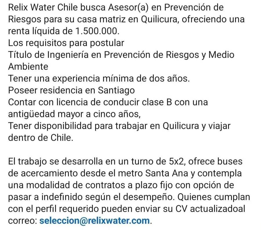 Asesor(a) en Prevención de Riesgos - Quilicura - imagen 1