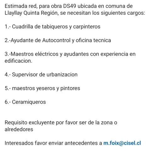 Cargos para obra DS49 en Llayllay - imagen 1